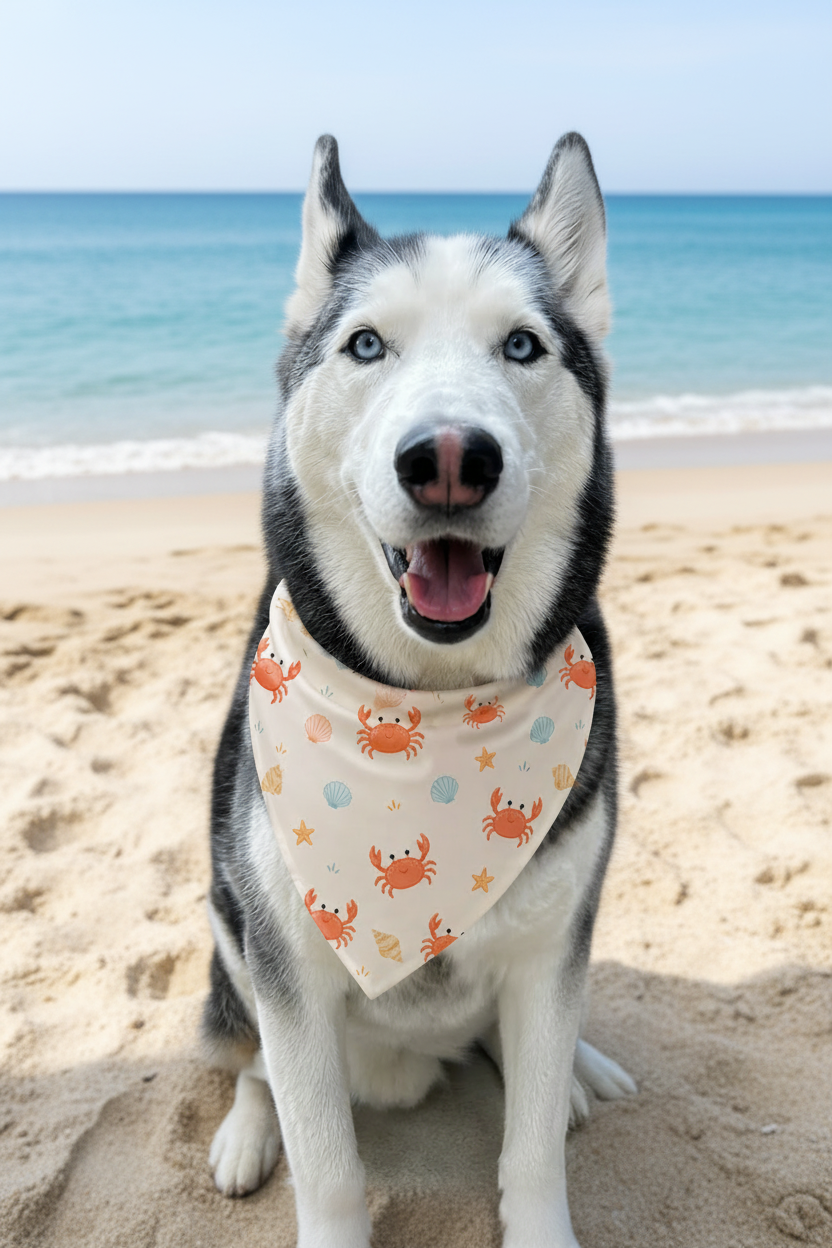 Husky dog wearing a bandana with crab pattern sitting on a concrete surface against a wooden fence.