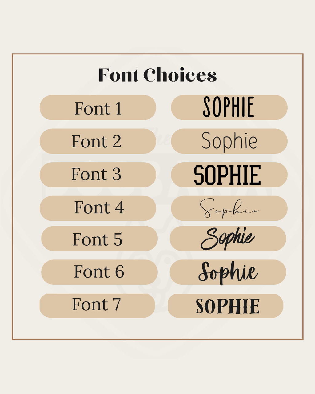 Comparison of different font styles for the name 'Sophie' on a beige background.