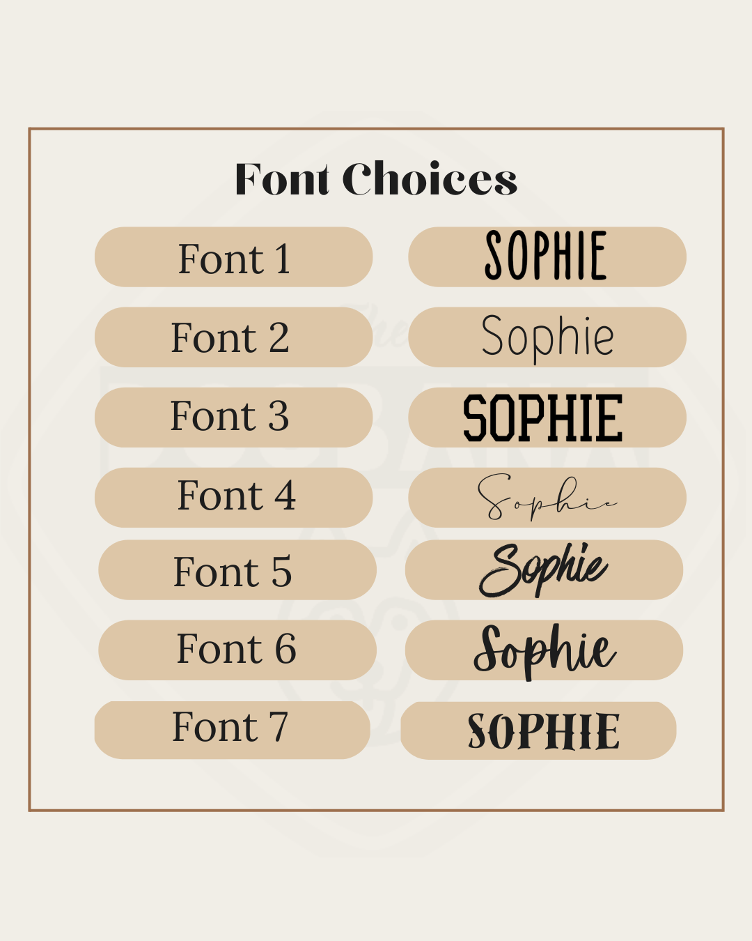 Comparison of different font styles for the name 'Sophie' on a beige background.
