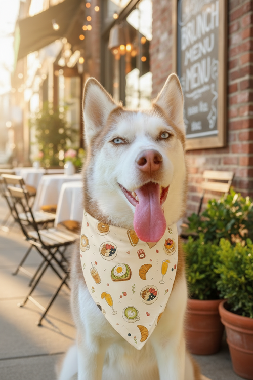 Dog wearing a Brunch inspired bandana