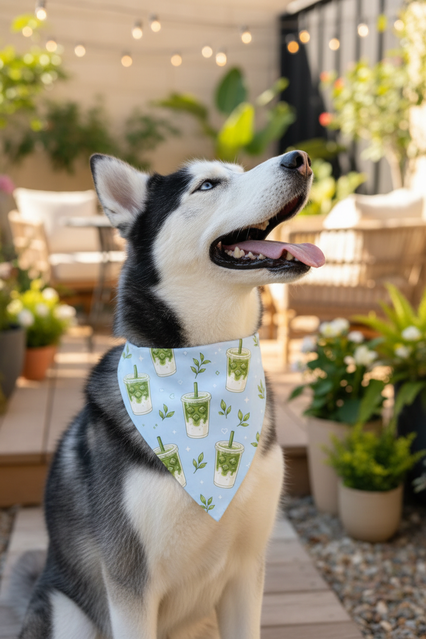 Dog wearing a bandana with a drink pattern in an outdoor setting