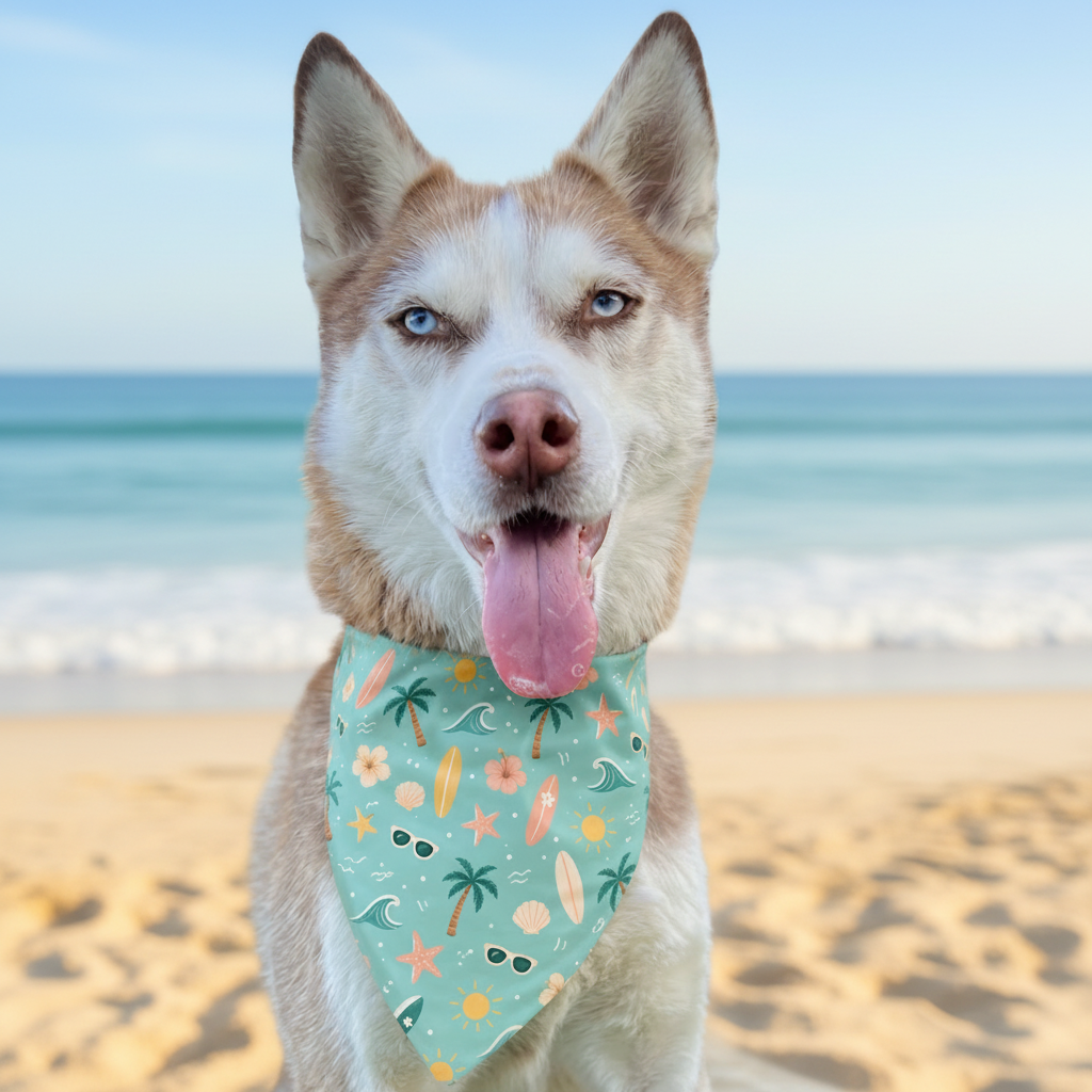 Dog wearing a bandana with a tropical pattern in an outdoor setting