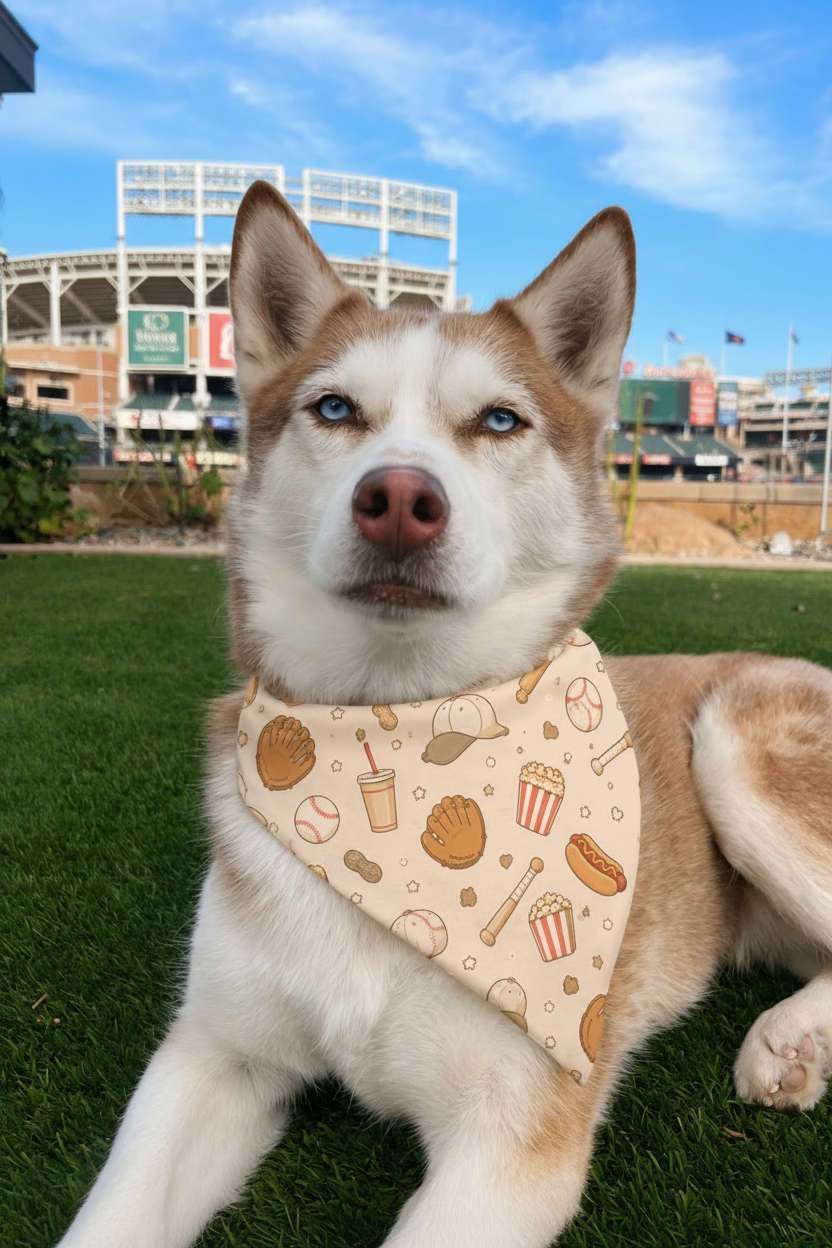 Dog wearing a bandana with food patterns on grass