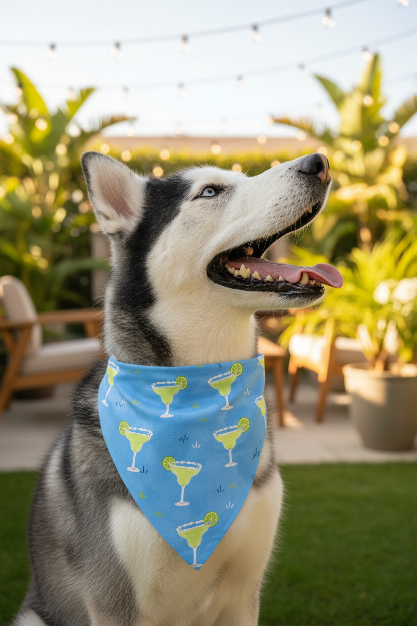 Dog wearing a blue bandana with green margaritas 