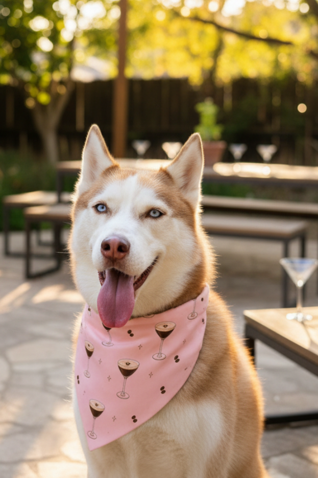 Dog wearing a pink bandana with espresso martinis all over