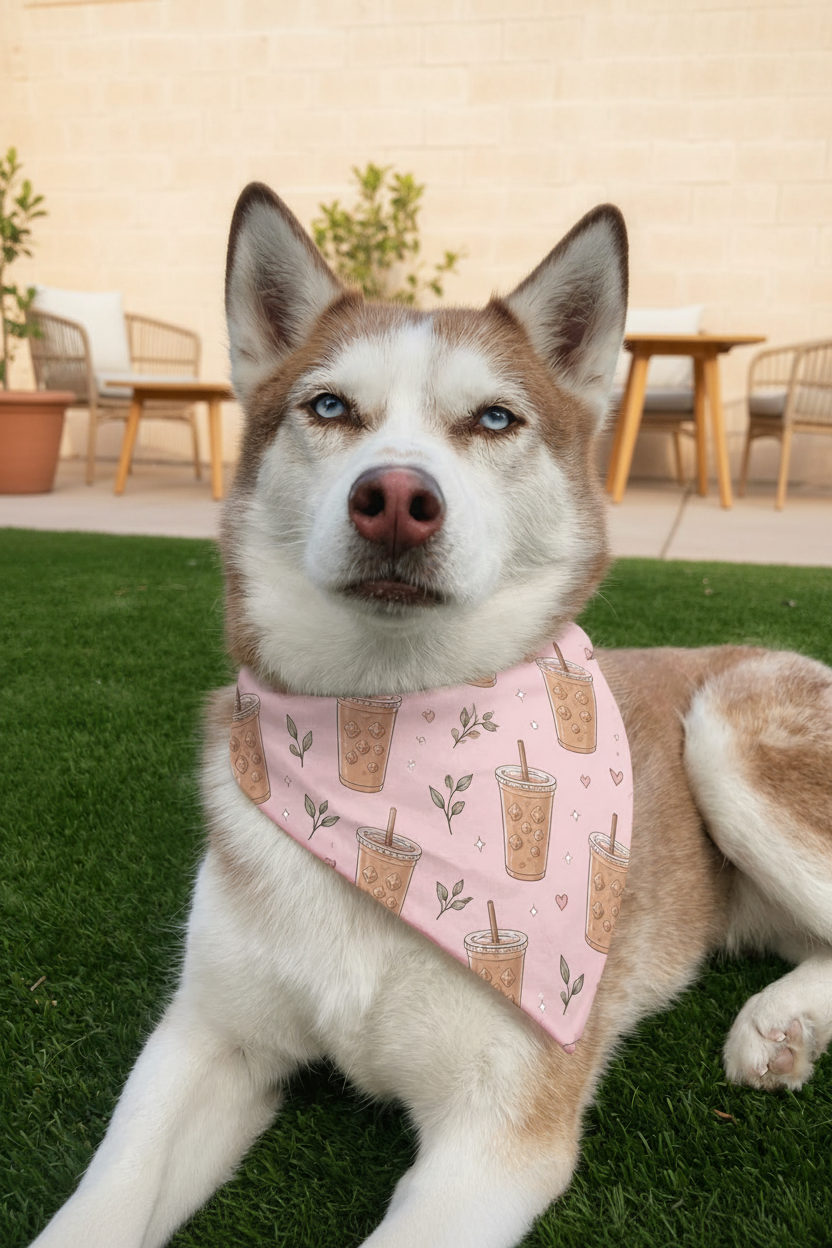 Dog wearing a pink bandana with iced coffees bandana