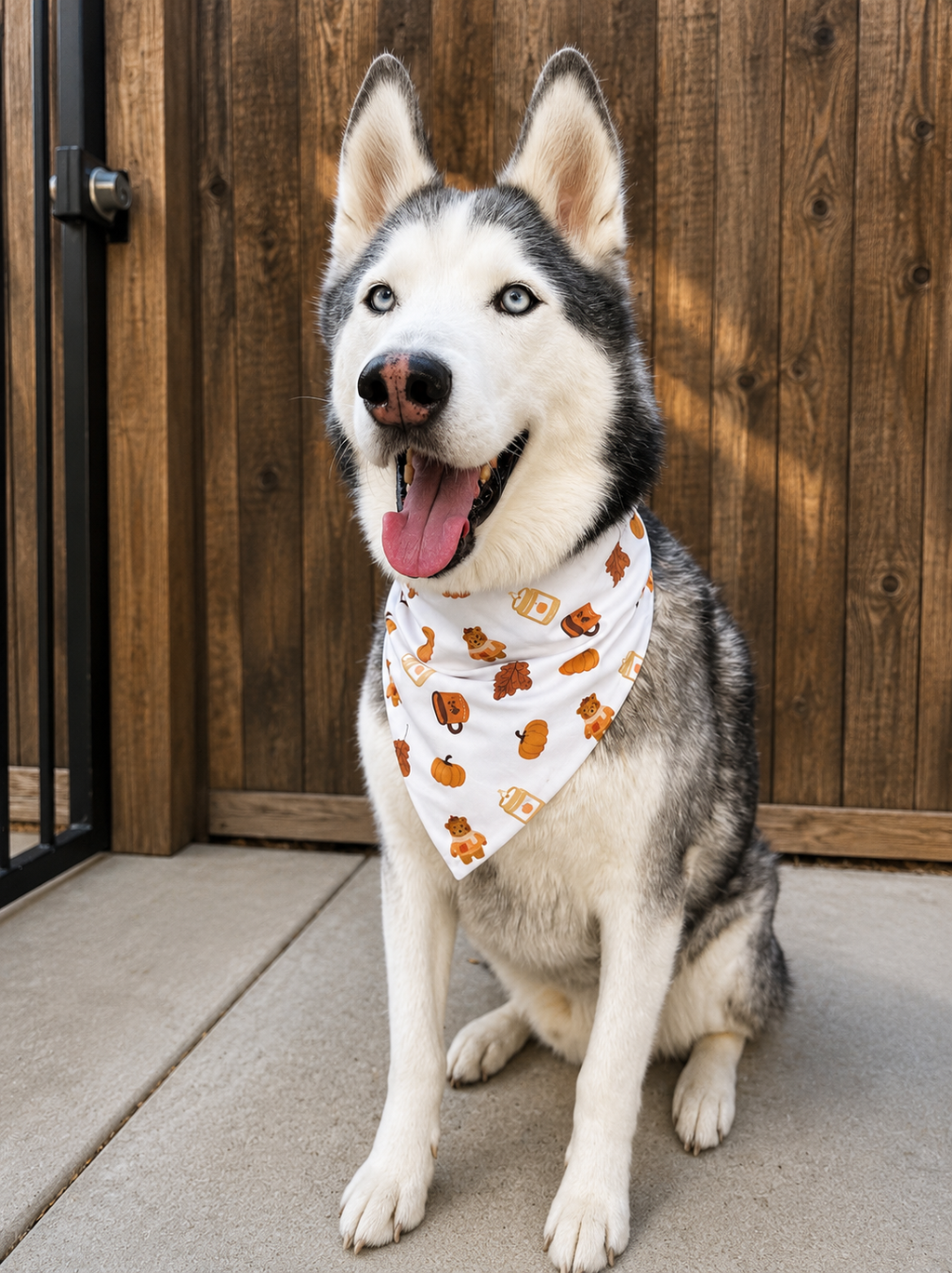 A Siberian husky dog wearing a white bandana with a brown and orange dog-themed pattern, sitting on a concrete patio in front of a wooden fence.