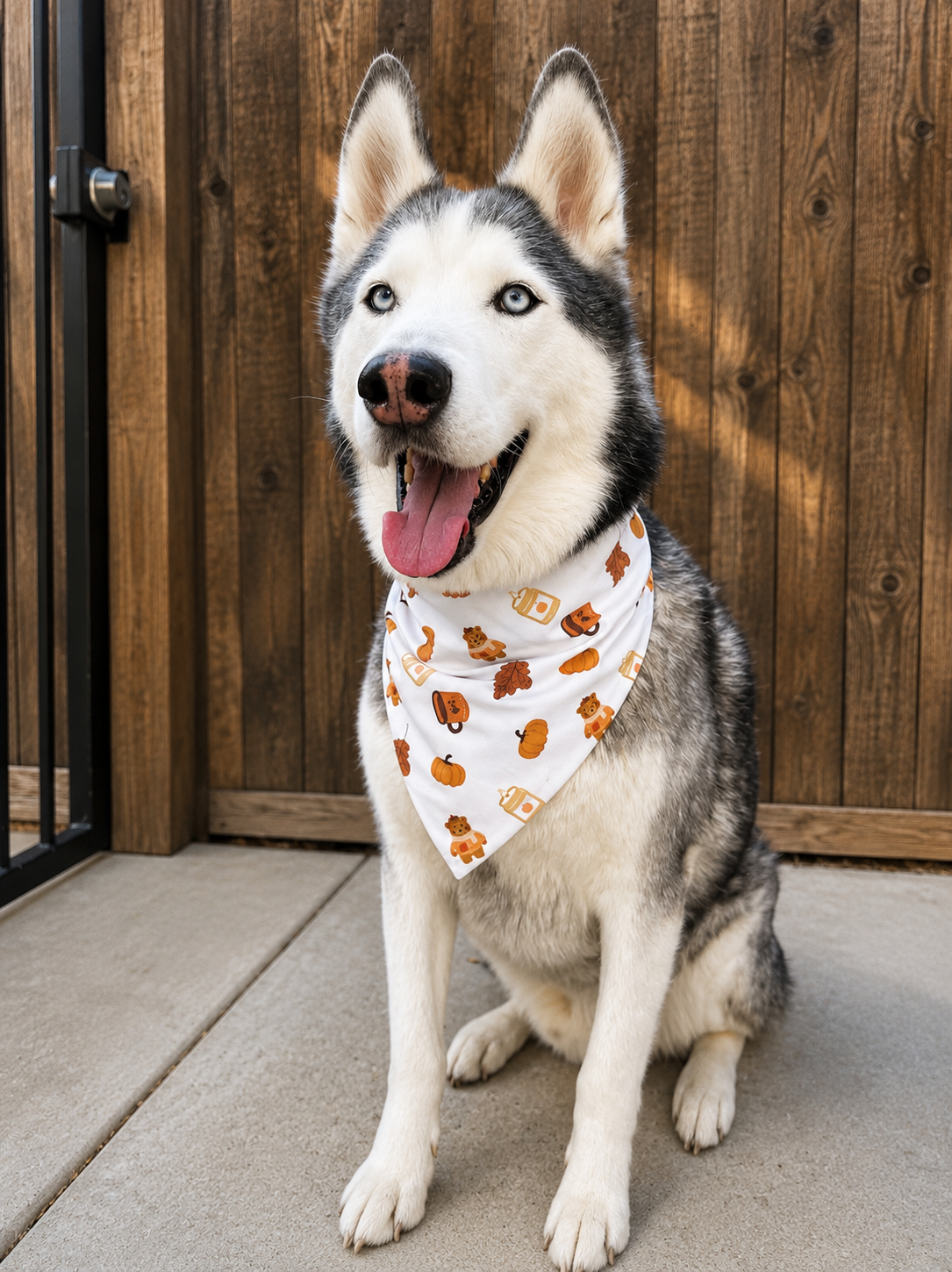 A Siberian husky dog wearing a white bandana with a brown and orange dog-themed pattern, sitting on a concrete patio in front of a wooden fence.
