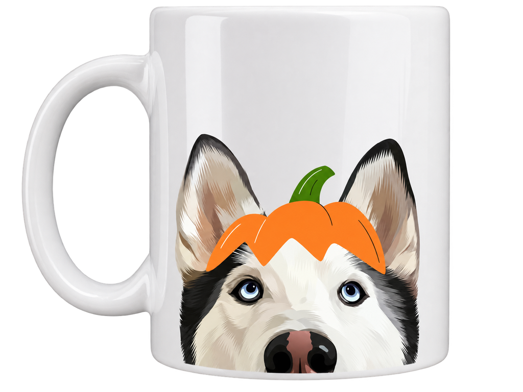 A white ceramic coffee mug featuring a printed illustration of a husky dog's face with a small orange pumpkin on its head, set against a plain white background.