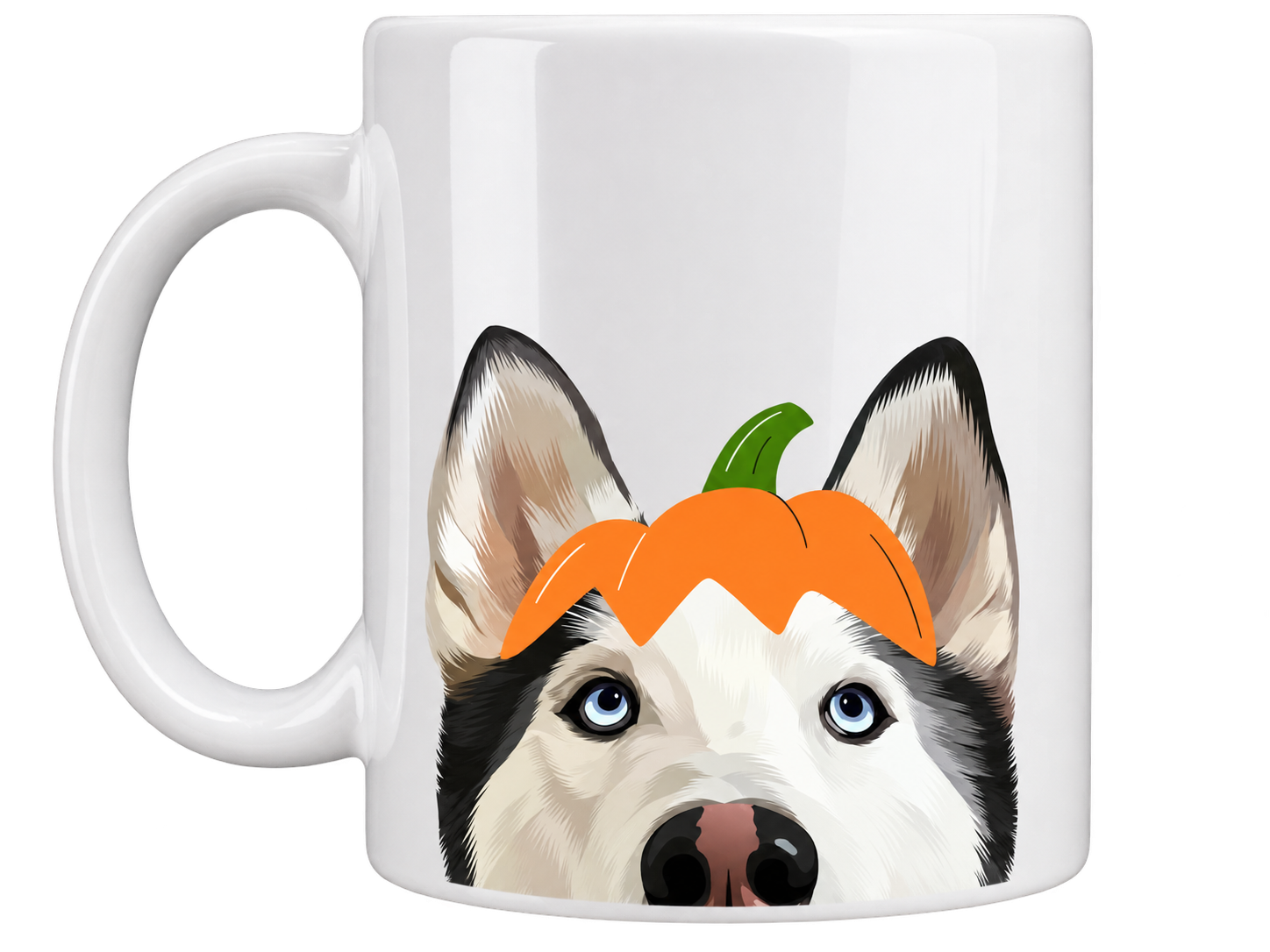 A white ceramic coffee mug featuring a printed illustration of a husky dog's face with a small orange pumpkin on its head, set against a plain white background.