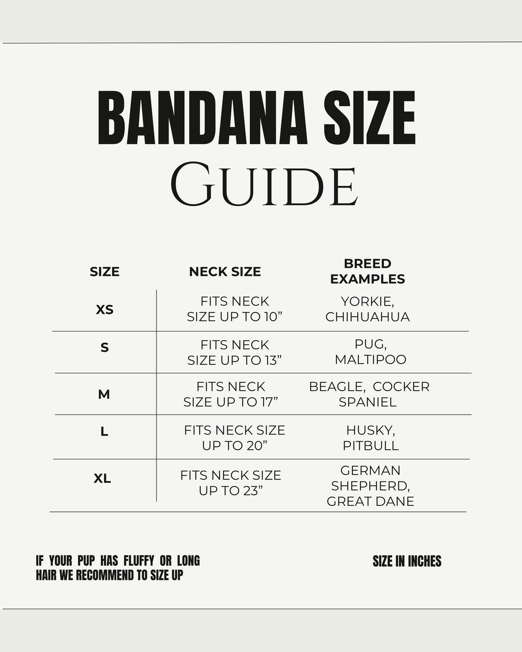 Bandana size guide with neck size measurements and breed examples on a white background